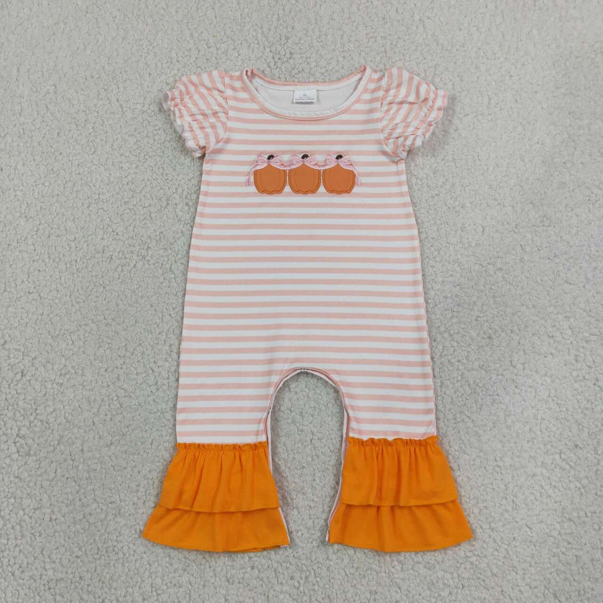 SR4284 Pumpkin Embroidery Pink Stripes Print Baby Girls Fall Ruffle Romper