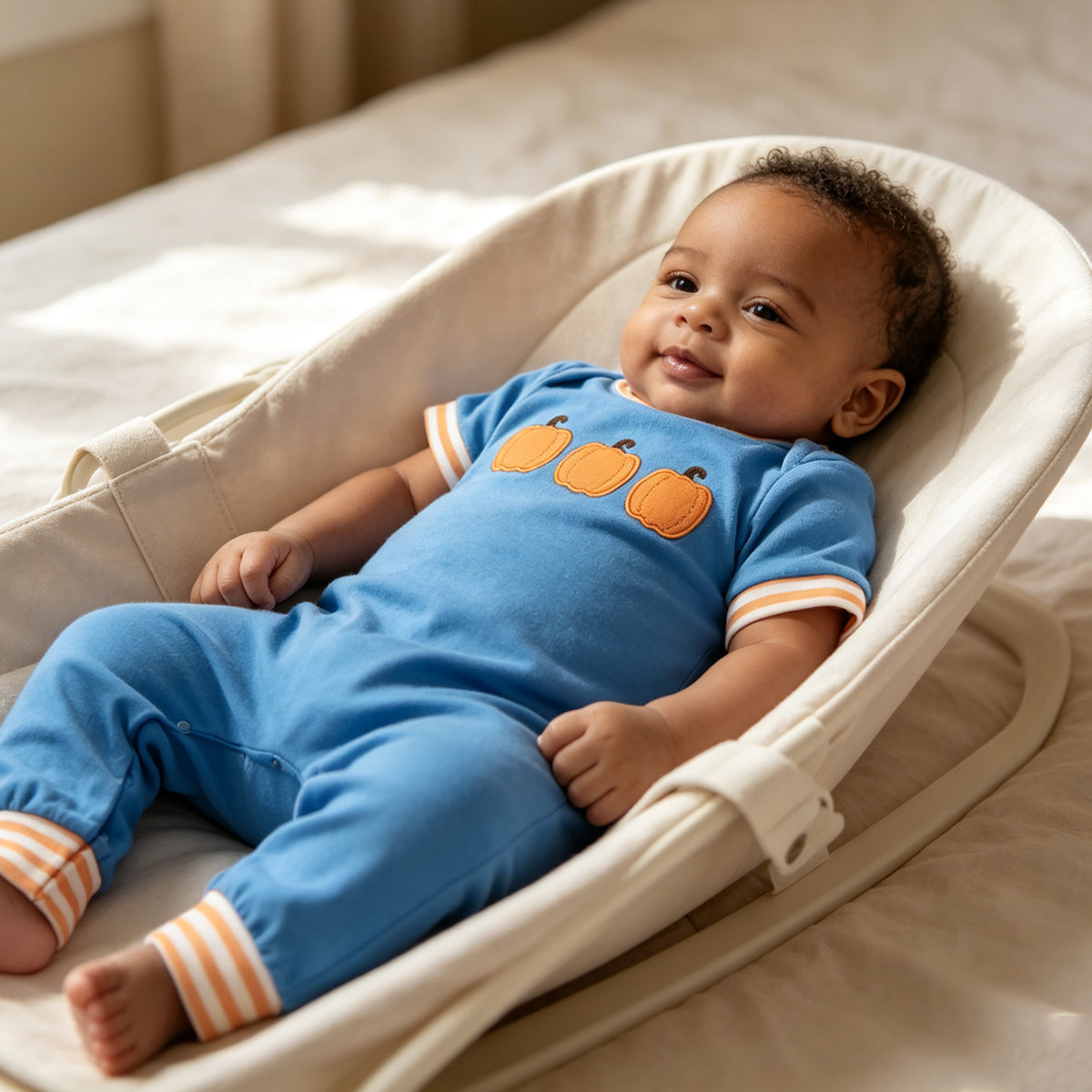 SR4285 Pumpkin Embroidery Orange Stripes Blue Color Baby Boys Fall Romper