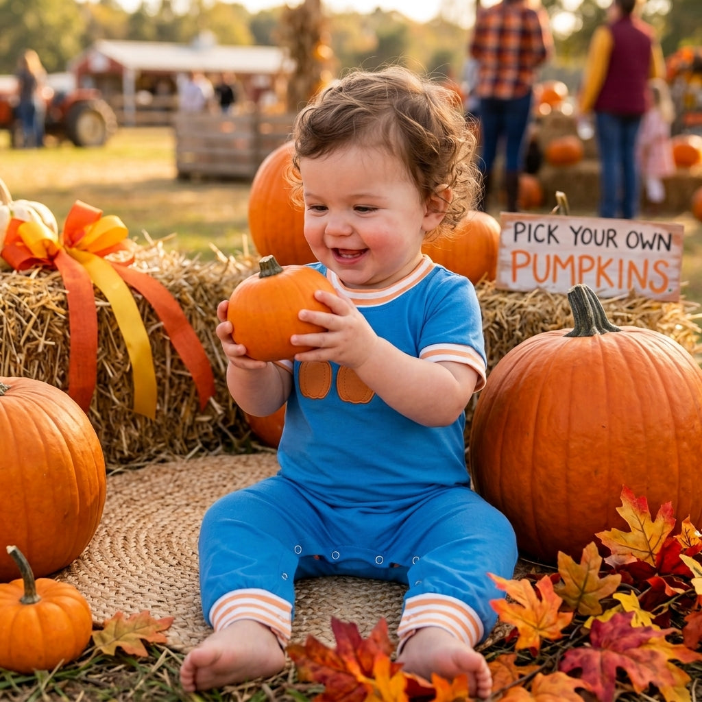 SR4285 Pumpkin Embroidery Orange Stripes Blue Color Baby Boys Fall Romper