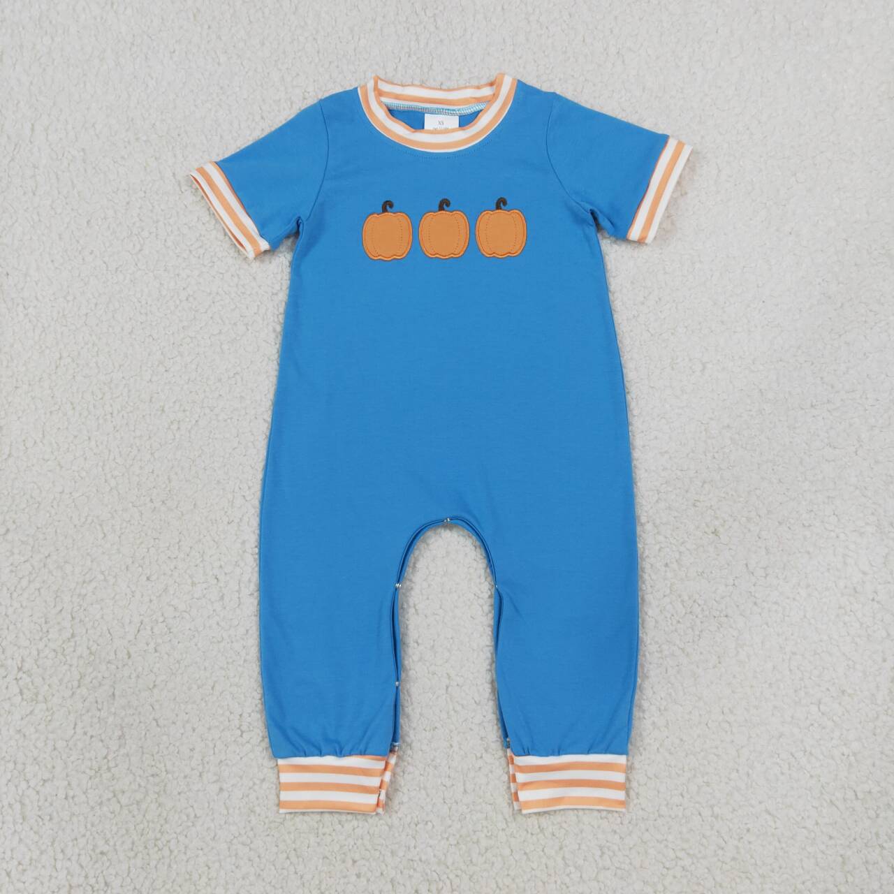 SR4285 Pumpkin Embroidery Orange Stripes Blue Color Baby Boys Fall Romper