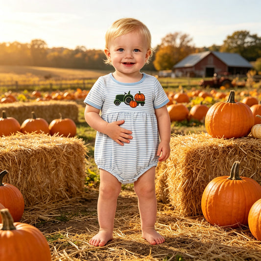 SR4286 Pumpkin Tractor Embroidery Blue Stripes Baby Boys Bubble Romper