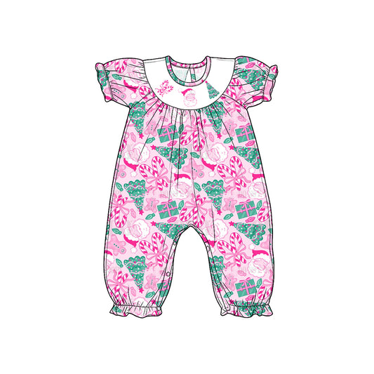 8.15 SR4289 Preorder Santa Candy Cane Tree Pink Print Baby Girls Christmas Romper