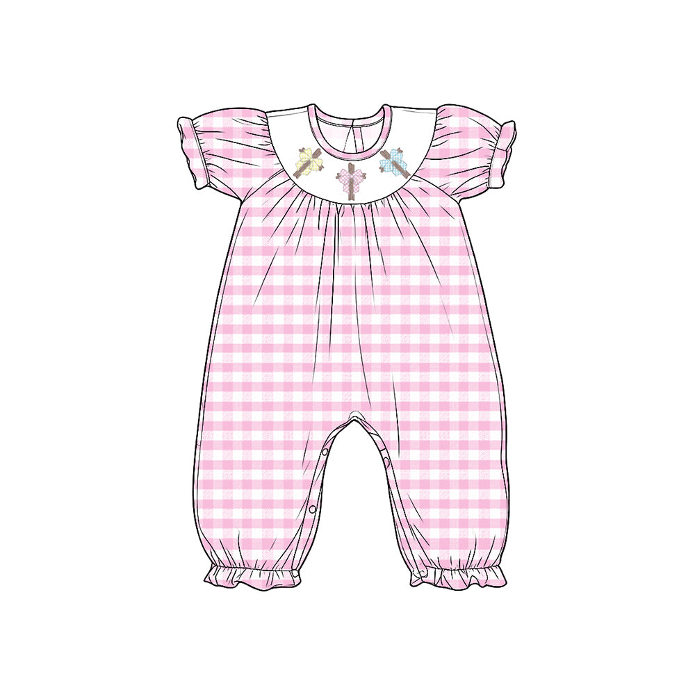 8.15 SR4290 Preorder Cross Bows Pink Checkered Print Baby Girls Easter Romper