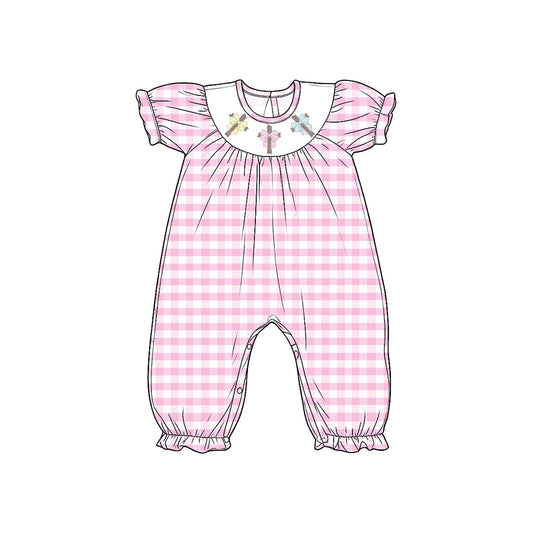 8.15 SR4290 Preorder Cross Bows Pink Checkered Print Baby Girls Easter Romper