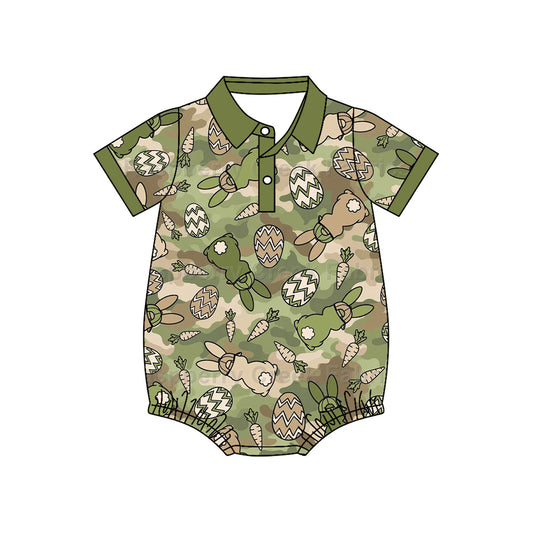 8.19 SR4291 Preorder Bunny Eggs Camo Print Baby Boys Easter Romper