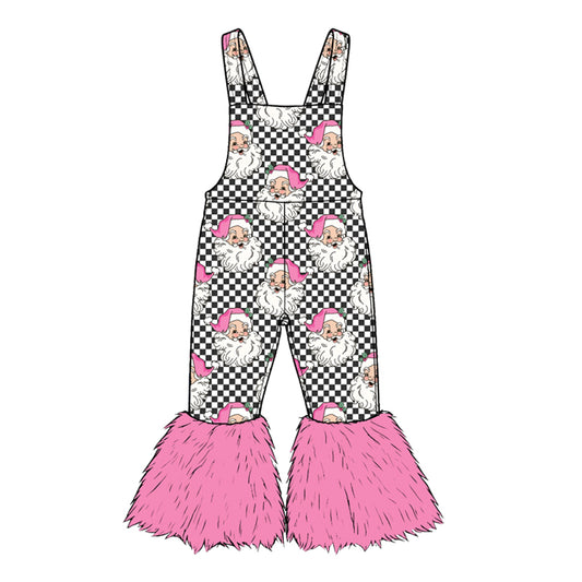 8.22 SR4292 Preorder Santa Checkered Print Girls Christmas Pink Fur Suspender Bell Bottom Pants Overalls Jumpsuits