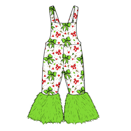 8.22 SR4294 Preorder Green Frog Bows Print Girls Christmas Fur Suspender Bell Bottom Pants Overalls Jumpsuits