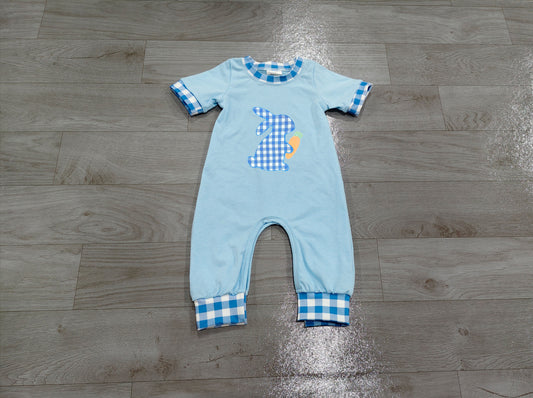8.27 SR4297 Preorder Bunny Carrot Blue Checkered Print Baby Boys Easter Romper