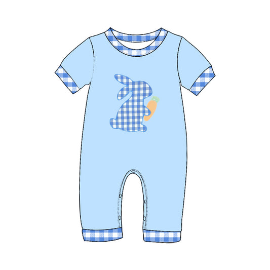 8.27 SR4297 Preorder Bunny Carrot Blue Checkered Print Baby Boys Easter Romper