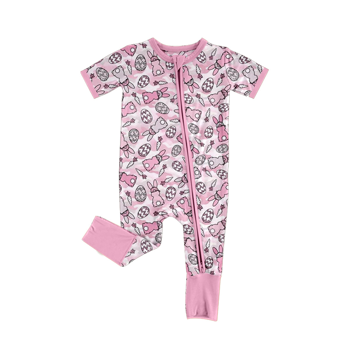 9.1 SR4300 Preorder Bunny Eggs Pink Camo Print Baby Boys Easter Zipper Sleeper Romper
