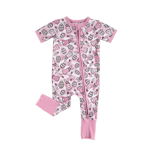 9.1 SR4300 Preorder Bunny Eggs Pink Camo Print Baby Boys Easter Zipper Sleeper Romper