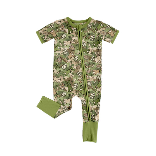 9.1 SR4301 Preorder Bunny Eggs Green Camo Print Baby Boys Easter Zipper Sleeper Romper