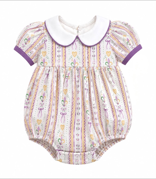 9.1 SR4302 Preorder Baby Girls Mardi Gras Peter Pan Collar Bubble Romper