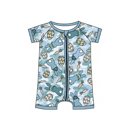 9.3 SR4306 Preorder Bunny Eggs Carrots Camo Print Baby Boys Easter Zipper Sleeper Romper