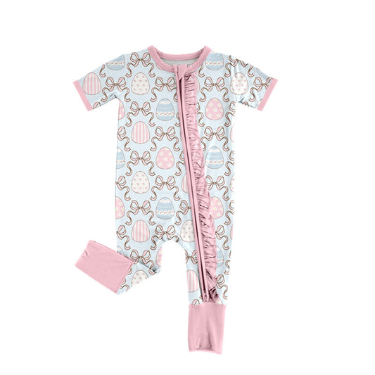 9.4 SR4310 Preorder Eggs Bows Print Baby Girls Easter Zipper Sleeper Romper