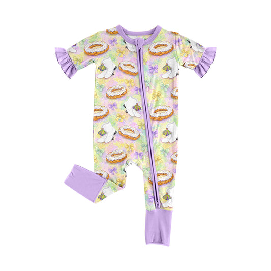 9.4 SR4311 Preorder Donut Bows Boots Tie-dye Print Baby Girls Mardi Gras Zipper Sleeper Romper