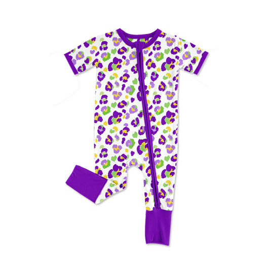 9.5 SR4312 Preorder Purple Leopard Print Baby Girls Mardi Gras Zipper Sleeper Romper