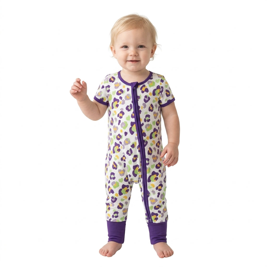 Purple Leopard Print Baby Girls Mardi Gras Zipper Sleeper Romper