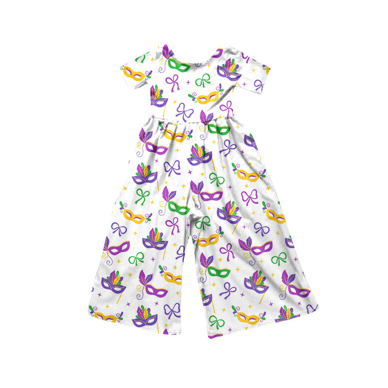 9.15 SR4316 Preorder Baby Girls Mardi Gras Mask Short Sleeve Jumpsuit