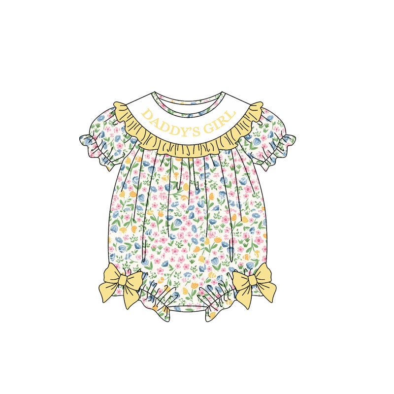 9.18 SR4322 Preorder Daddy's Girl Yellow Flowers Print Baby Girls Summer Romper