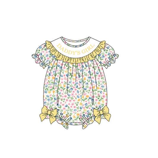 9.18 SR4322 Preorder Daddy's Girl Yellow Flowers Print Baby Girls Summer Romper