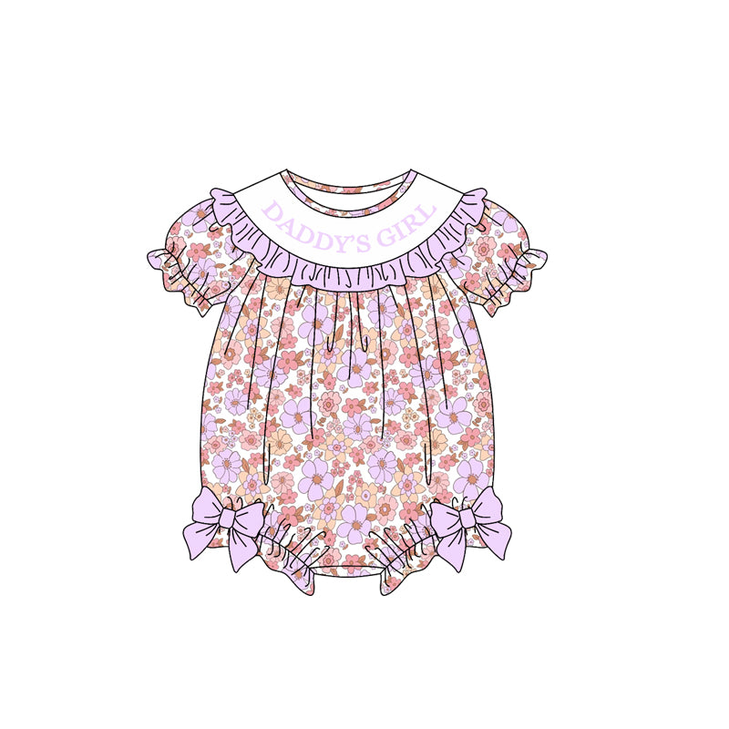 9.18 SR4323 Preorder Daddy's Girl  Violet Pink Flowers Print Baby Girls Summer Romper