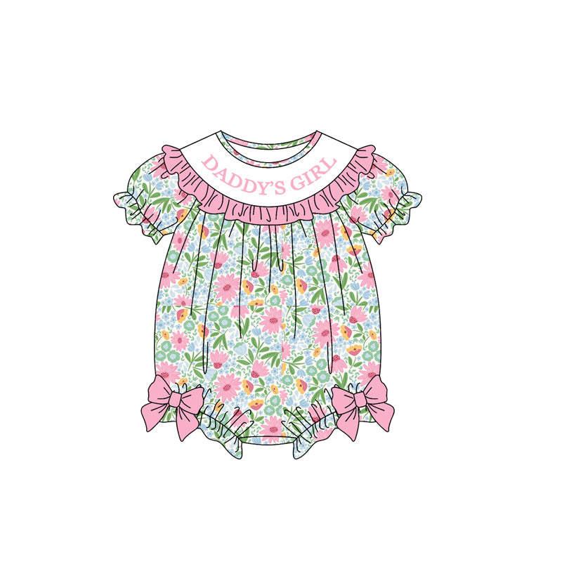 9.18 SR4324 Preorder Daddy's Girl  Pink Flowers Print Baby Girls Summer Romper