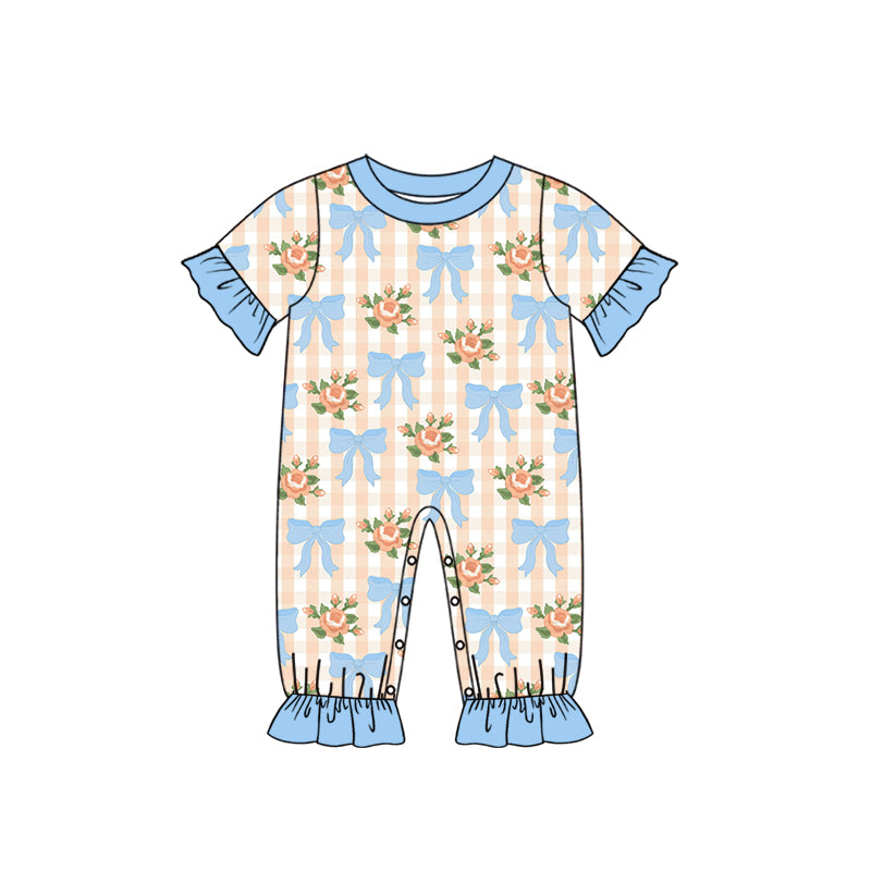 9.22 SR4326 Preorder Flowers Bows Checkered Print Baby Girls Ruffle Romper