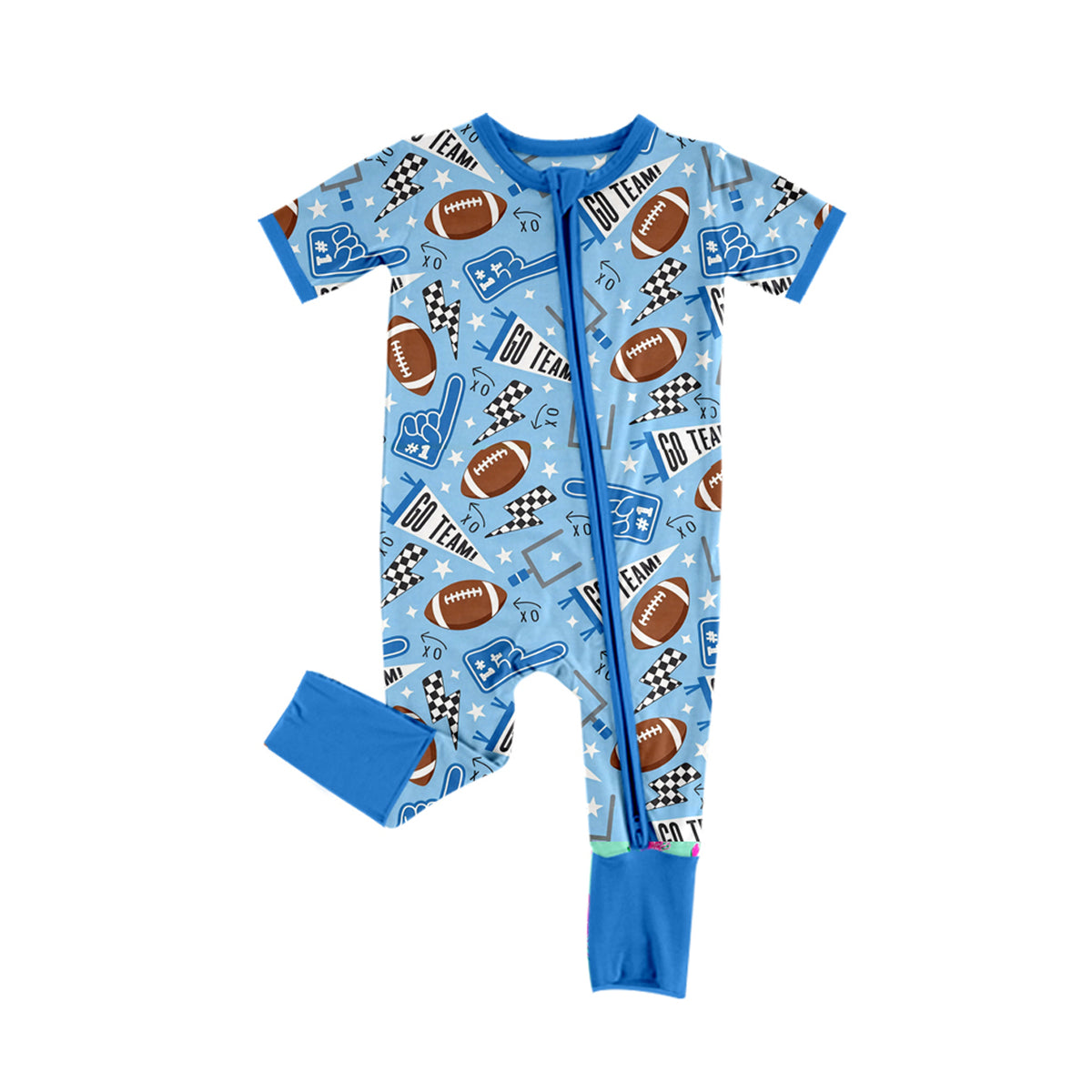 9.25 SR4329 Preorder Football  Blue Print Baby Boys Zipper Short Sleeve Romper