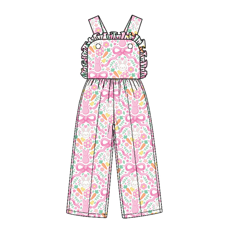 10.1 Preorder SR4335 Kids Girls Easter Bunny Eggs Pink Bow Overall Jumpsuit