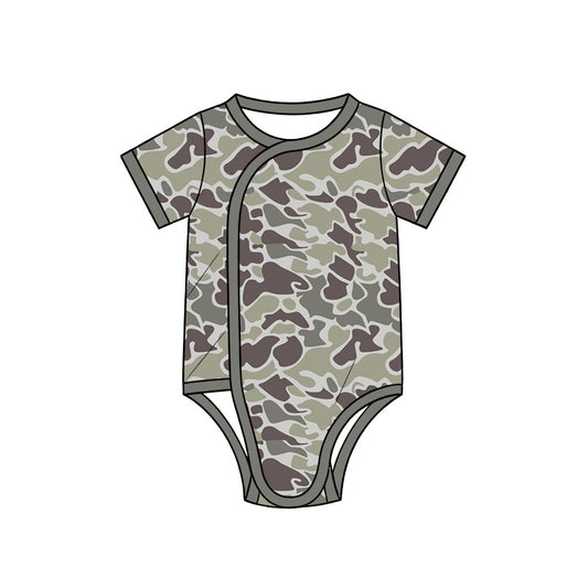 10.13 SR4347 Preorder Dark Brown Camo Print Baby Short Sleeve Side‑Snap Wrap Romper