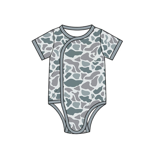 10.13 SR4348 Preorder Grey Camo Print Baby Short Sleeve Side‑Snap Wrap Romper