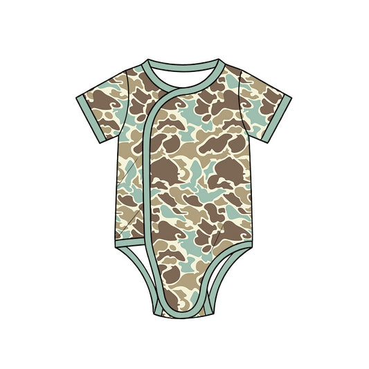10.13 SR4349 Preorder Blue Brown Camo Print Baby Short Sleeve Side‑Snap Wrap Romper