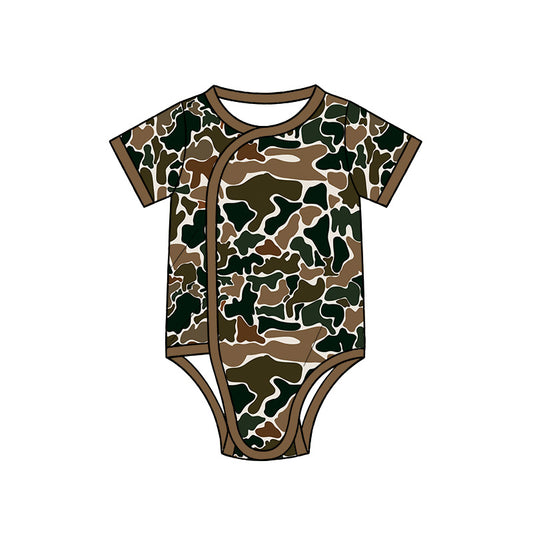 10.13 SR4351 Preorder Brown Camo Print Baby Short Sleeve Side‑Snap Wrap Romper