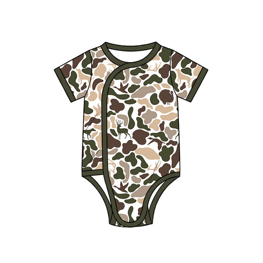 10.13 SR4353 Preorder Khaki Brown Camo Print Baby Short Sleeve Side‑Snap Wrap Romper