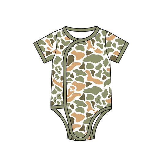 10.13 SR4354 Preorder Orange Green Camo Print Baby Short Sleeve Side‑Snap Wrap Romper
