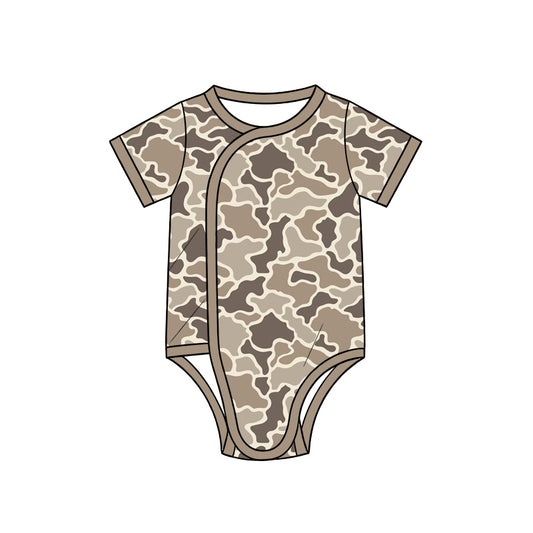 10.13 SR4357 Preorder Khaki Camo Print Baby Short Sleeve Side‑Snap Wrap Romper
