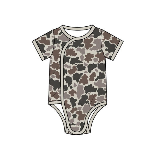 10.13 SR4359 Preorder Grey Brown Camo Print Baby Short Sleeve Side‑Snap Wrap Romper