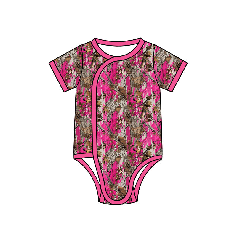 10.13 SR4361 Preorder Hot Pink Branch Brown Camo Print Baby Short Sleeve Side‑Snap Wrap Romper