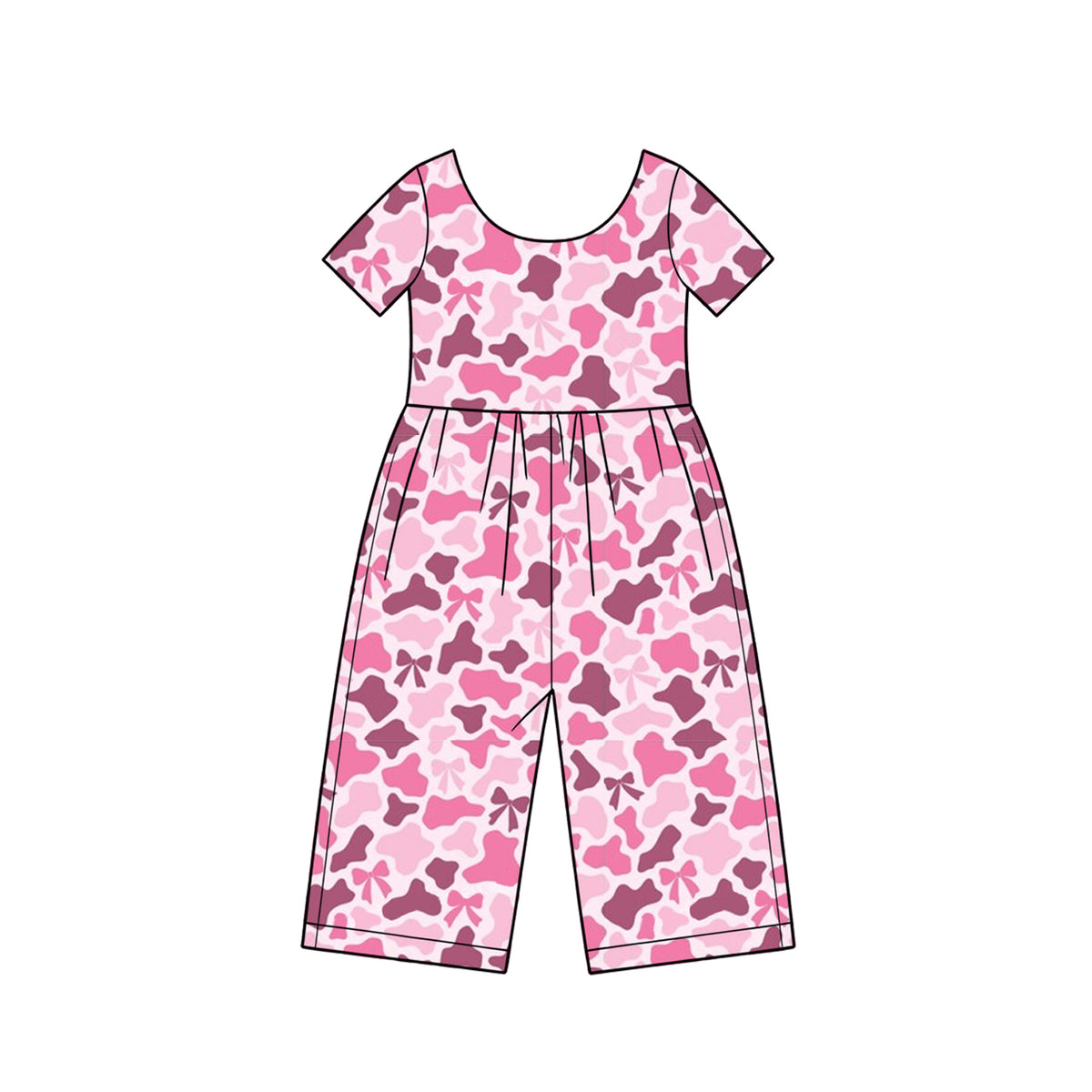 10.16 SR4364 Preorder Bows Pink Camo Print Girls Short Sleeve Straight Jumpsuits