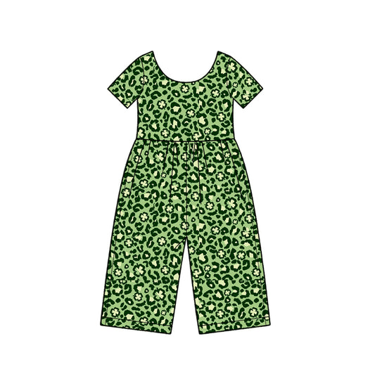 10.16 SR4368 Preorder Leaf Leopard Green Print Girls St Patrick Day Short Sleeve Straight Jumpsuits
