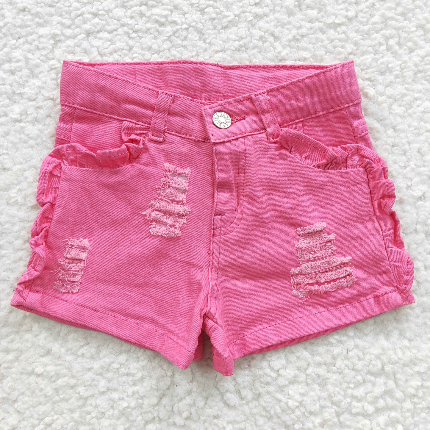 SS0013 Girls hot pink ruffle denim summer shorts