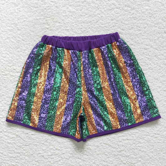 SS0119 Gold Green Purple Stripes Woman Sequins Mardi Gras Shorts