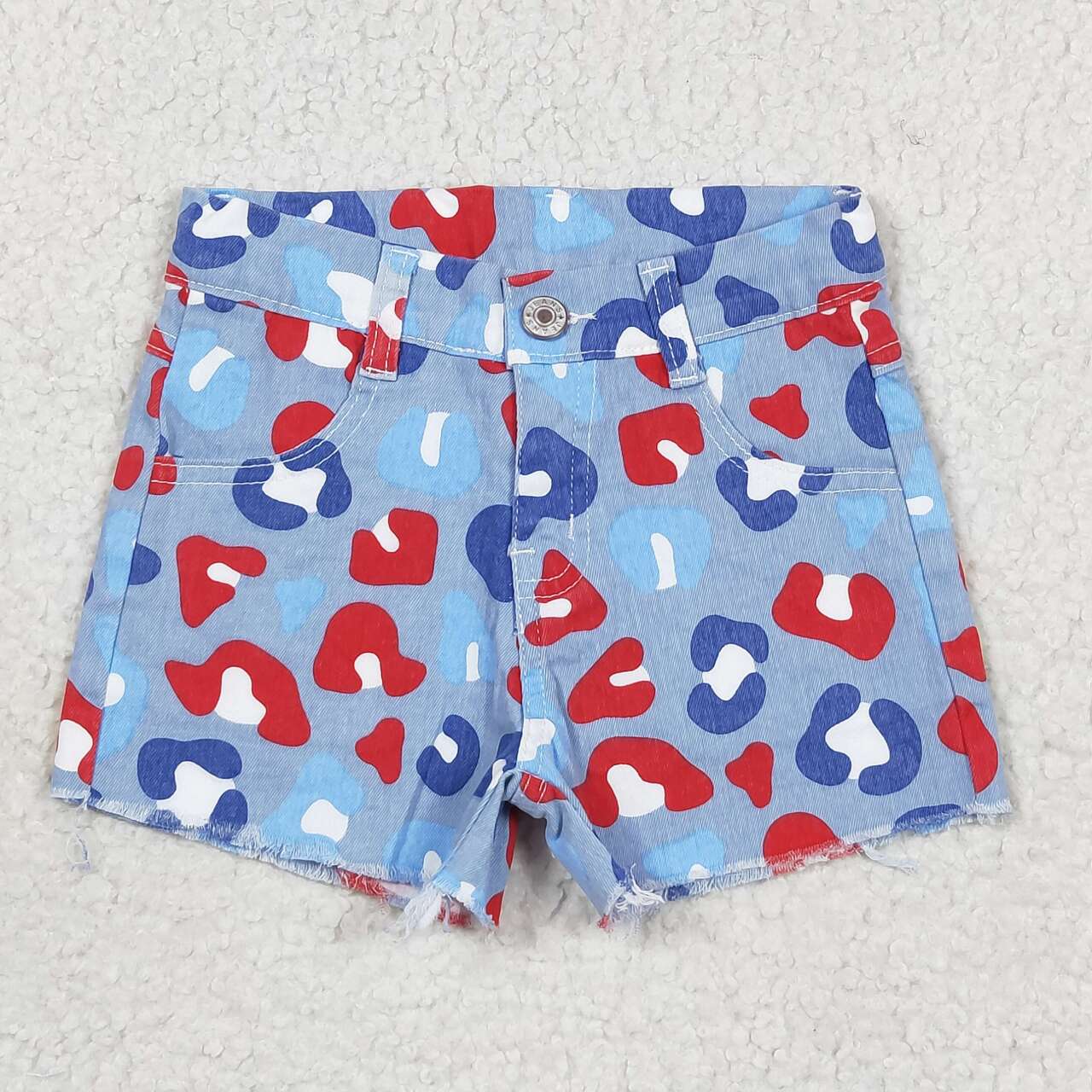 SS0166 Patriotic Leopard Denim Shorts – Red, White & Blue
