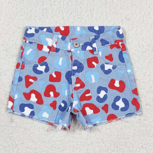 SS0166 Patriotic Leopard Denim Shorts – Red, White & Blue