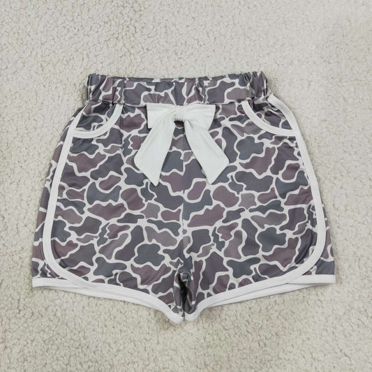 SS0688 Dark Grey Camo Print Baby Girls Pockets Bottom Shorts With Bow