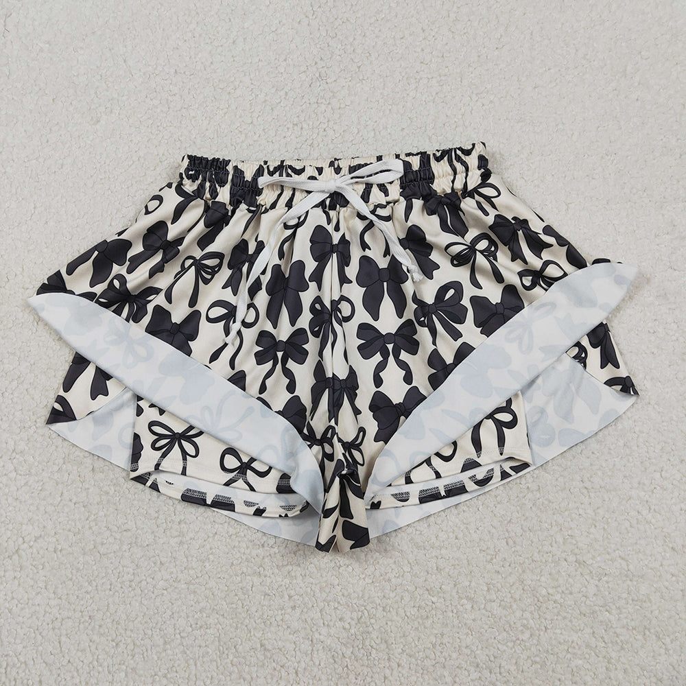 Black Bows Print Mommy and Me Bottom Summer Yoga Flutter Shorts Sibling Wear