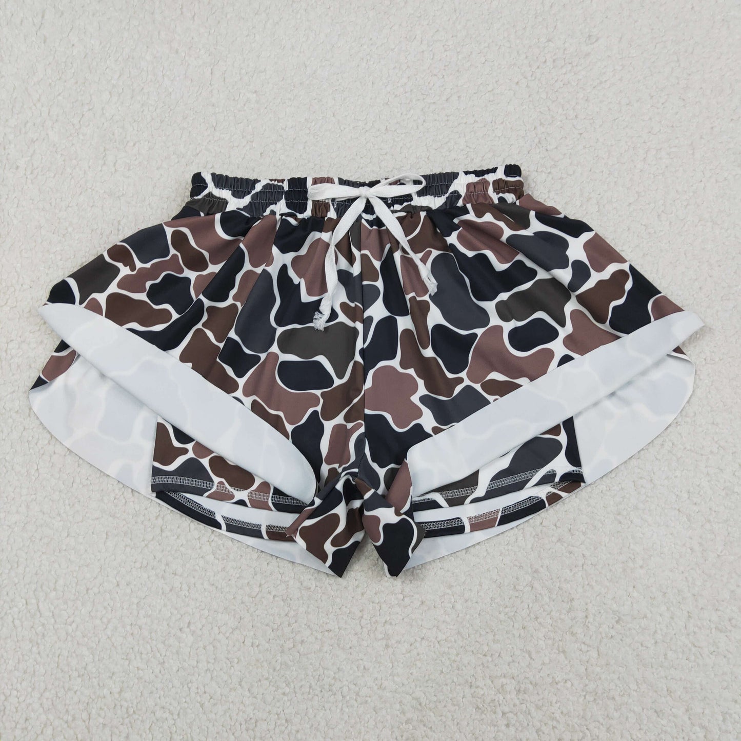 Dark Brown Camo Print Woman Summer Bottom Yoga Flutter Shorts