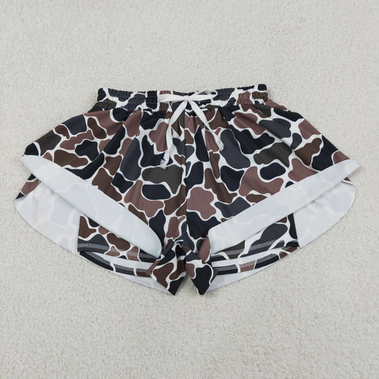 Dark Brown Camo Print Woman Summer Bottom Yoga Flutter Shorts