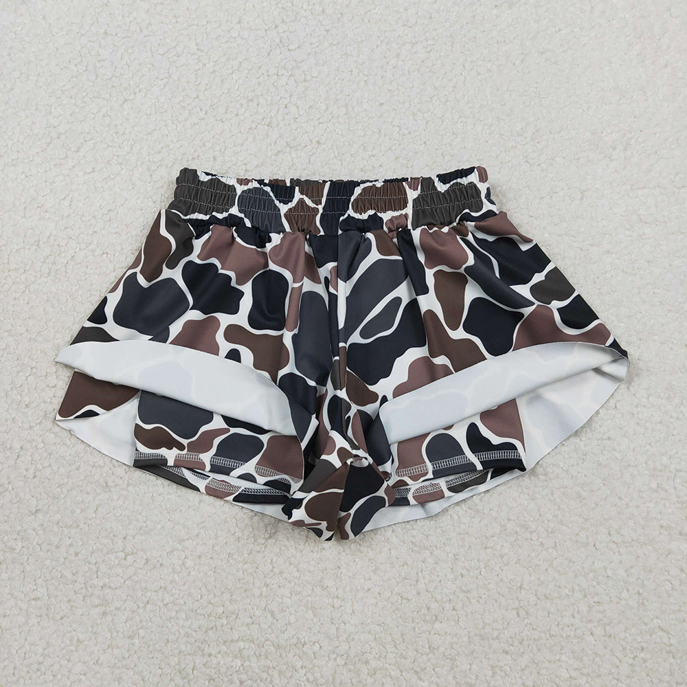 SS0773 Dark Brown Camo Print Girls Bottom Summer Yoga Flutter Shorts